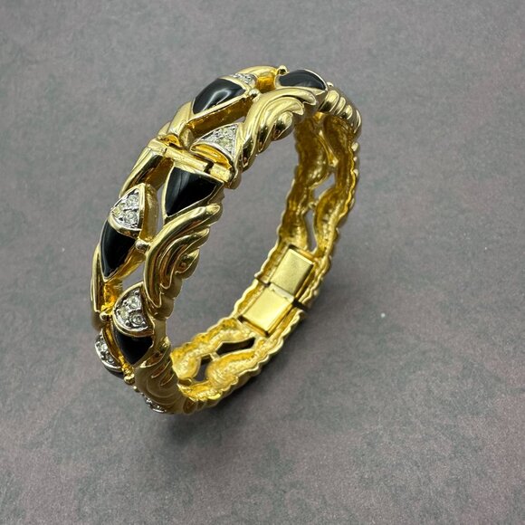 Vintage Saks Fifth Avenue Gold-Tone and Black Enamel and Quartz Bracelet - Picture 8 of 12